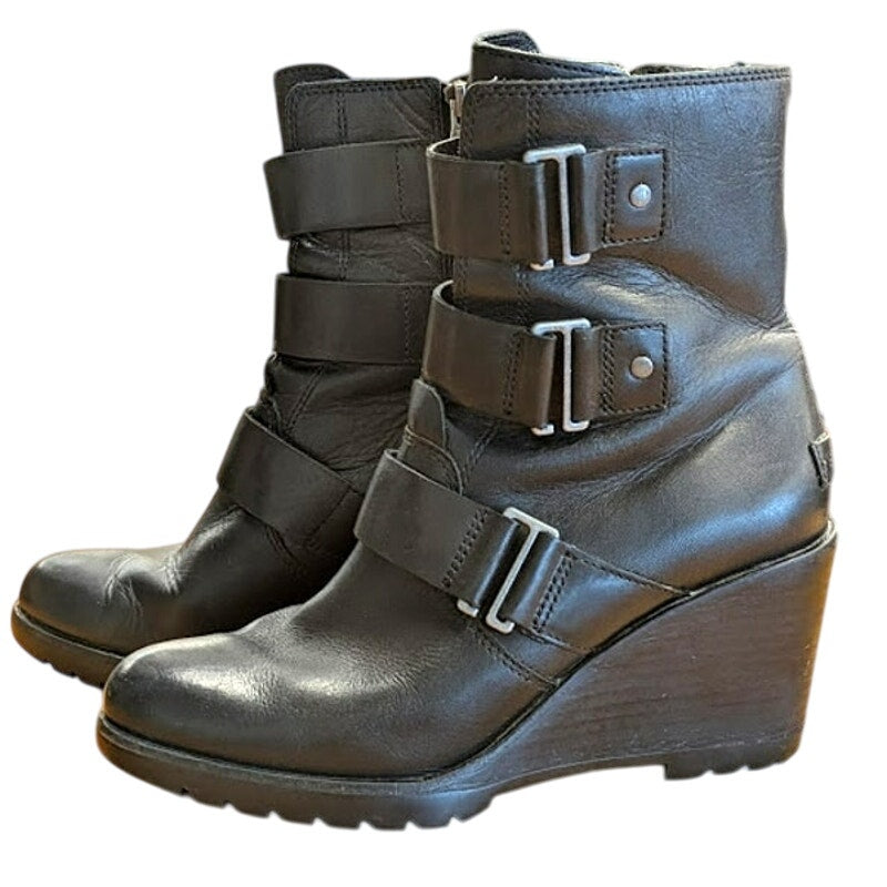 Sorel After Hours Black Leather Wedge Booties - Size 8.5