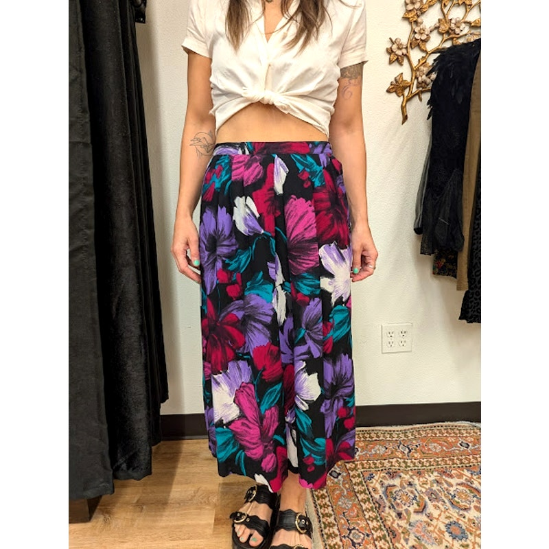 L.L. Emmery Pleated Jewel Toned Floral Midi Skirt
