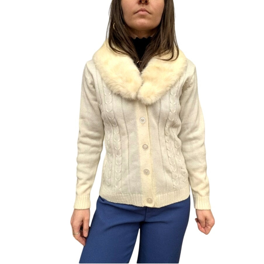 Vintage Ivory Cable Knit Cardigan With Real Fur Collar