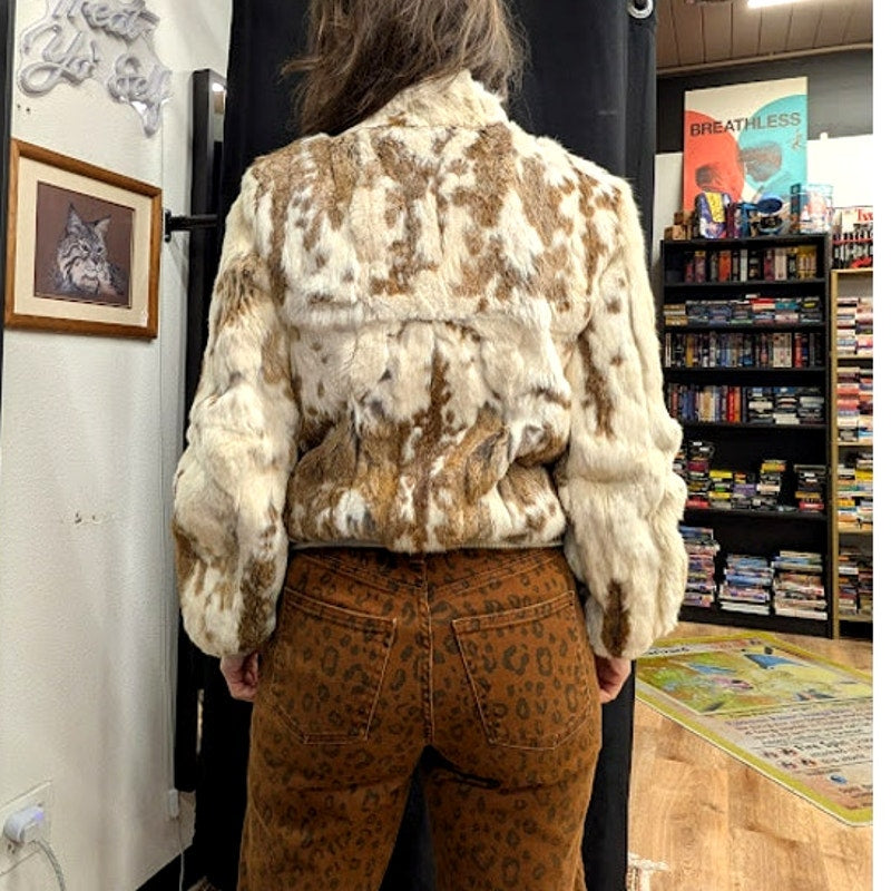 White and Brown Genuine Rabbit Fur Coat