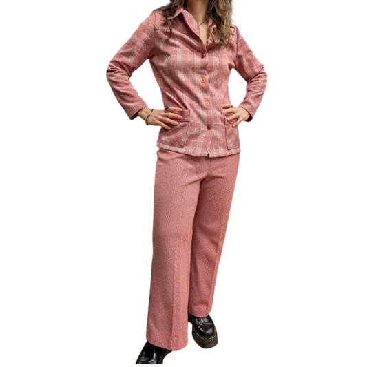 1970s Pink and White Polyester Trouser and Shirt Set