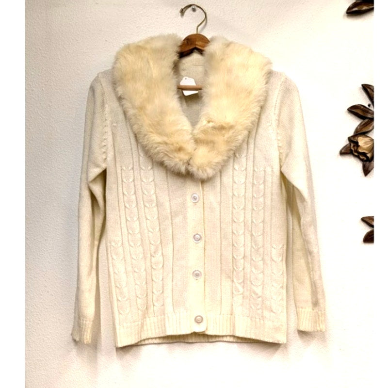 Vintage Ivory Cable Knit Cardigan With Real Fur Collar