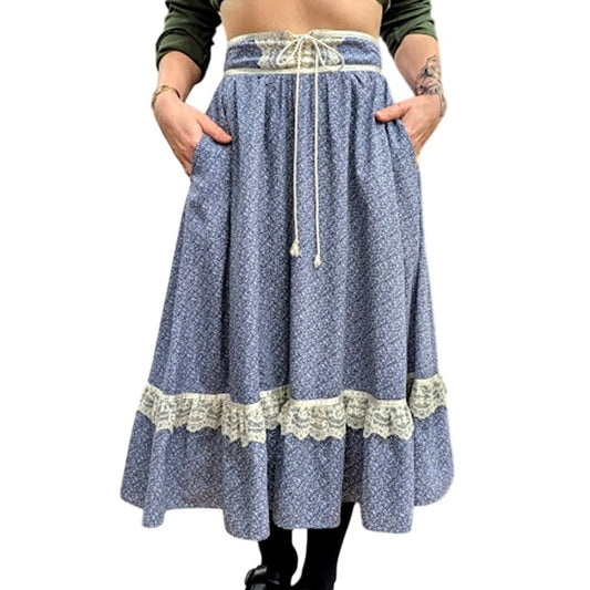 1970s Jessica's Gunnies Midi Length Blue Floral Skirt