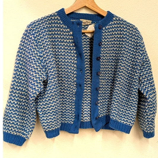 Vintage 100% Virgin Wool Crochet Blue and White Cardigan