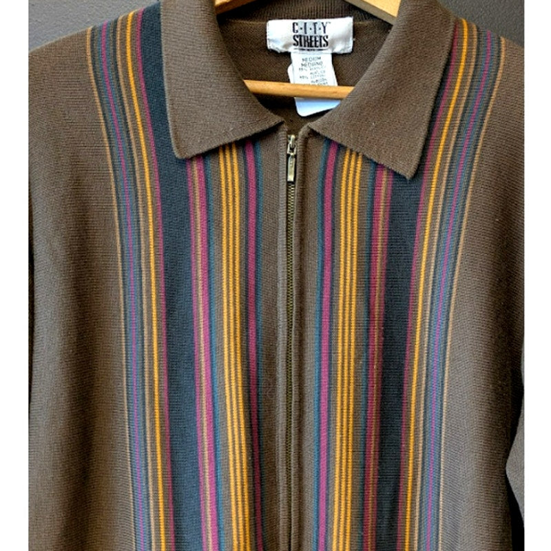 City Streets Striped Zip Up Brown Light Sweater