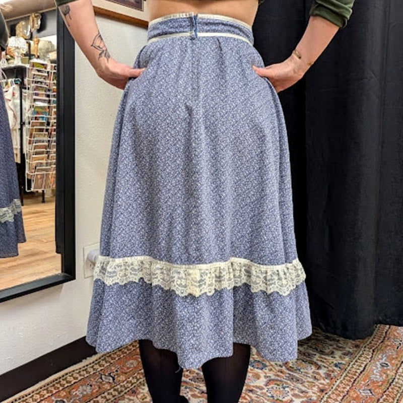 1970s Jessica's Gunnies Midi Length Blue Floral Skirt