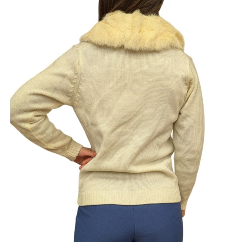 Vintage Ivory Cable Knit Cardigan With Real Fur Collar