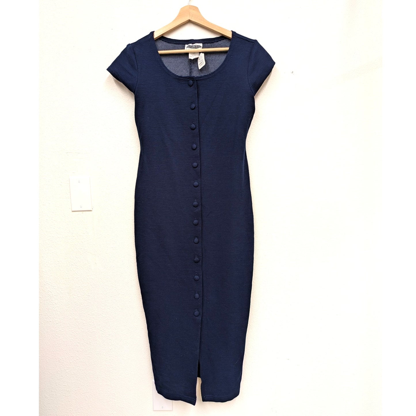 1990s Next Era Ribbed Navy Bodycon Midi Dress.