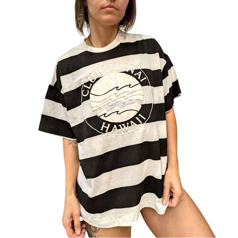 Club Lanai Black and White Striped Hawaii Tee