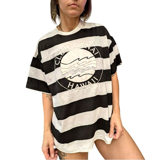 Club Lanai Black and White Striped Hawaii Tee