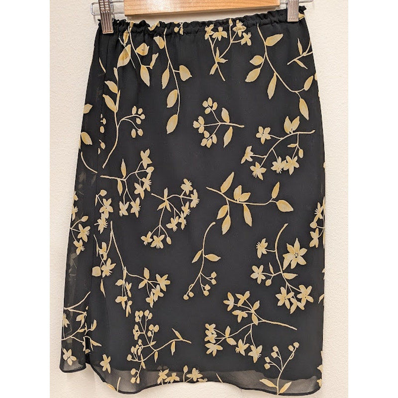 1990s Melange Black Floral Knee Length Skirt