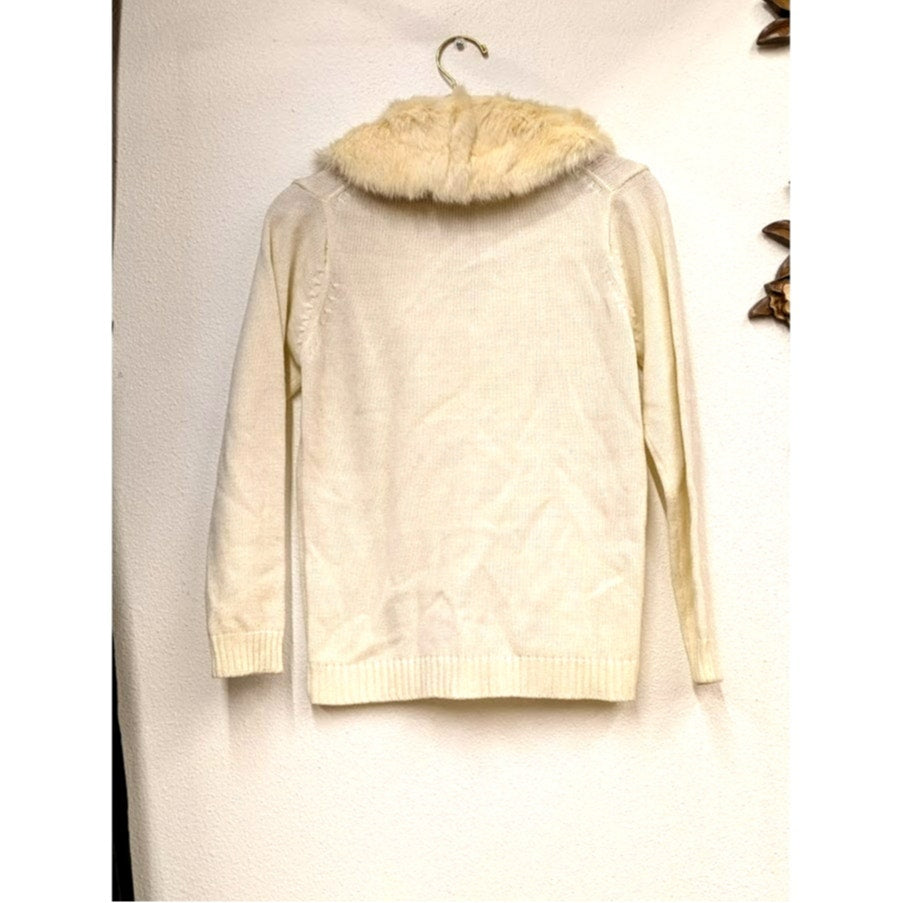 Vintage Ivory Cable Knit Cardigan With Real Fur Collar