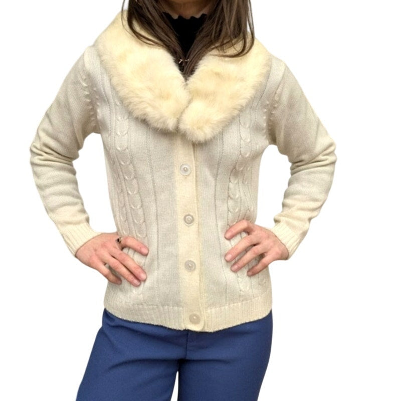 Vintage Ivory Cable Knit Cardigan With Real Fur Collar