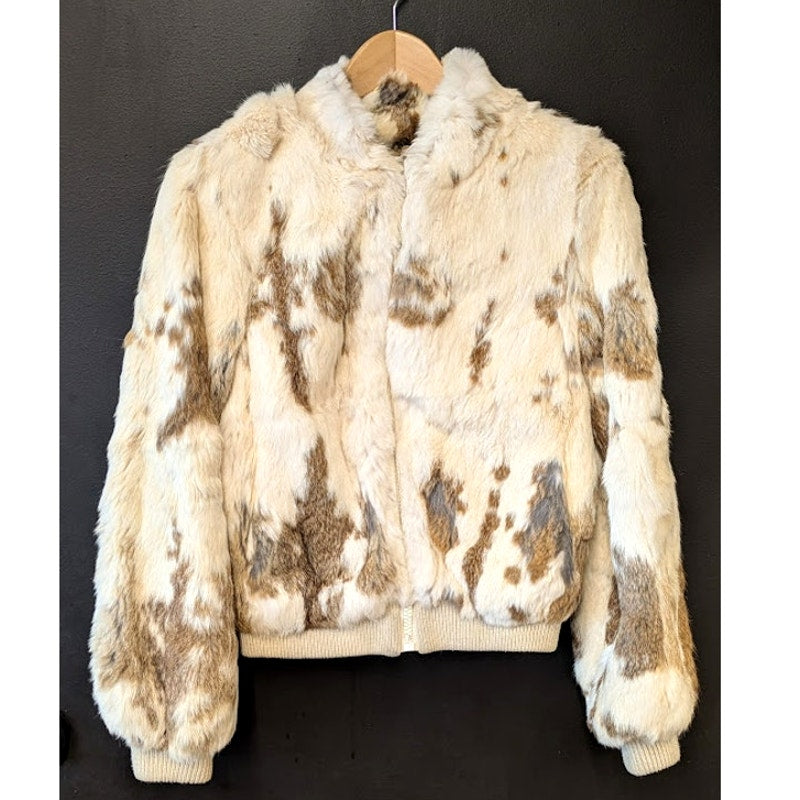 White and Brown Genuine Rabbit Fur Coat